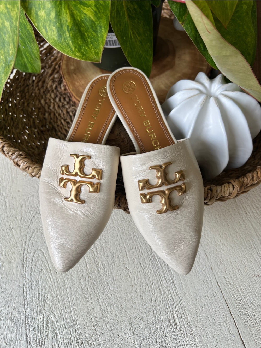 Tory Burch Ivory Leather Pointed-Toe Logo Mules with Gold Emblem